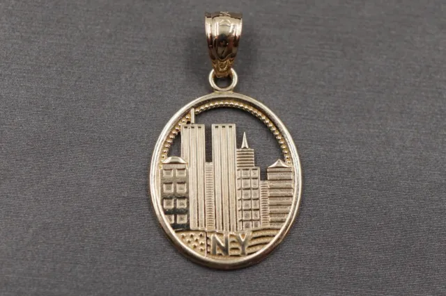 14K Solid Yellow Gold 1" New York Charm Pendant. Men Women Children