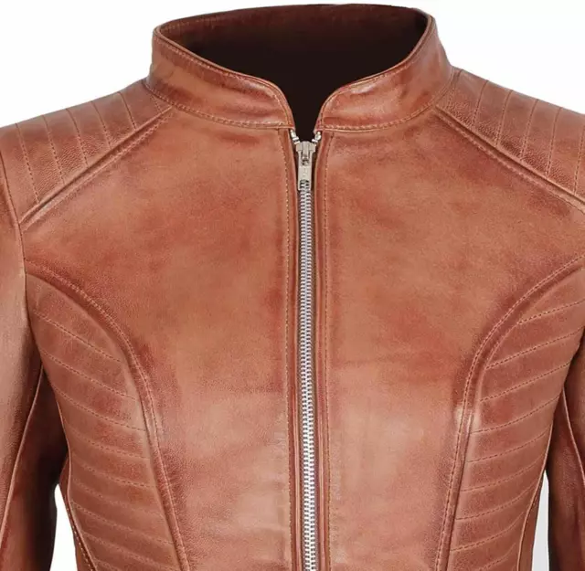 New Hot Style Women Real Leather Jacket Zip Up Biker Slim Fit Brown jacket NF-98