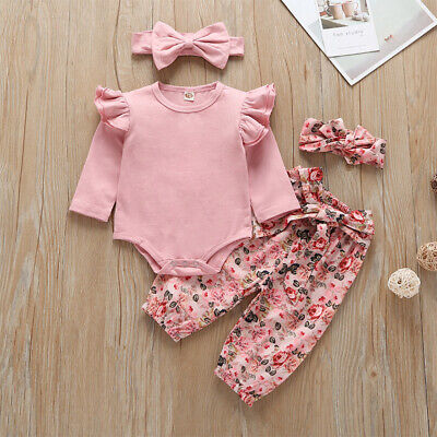 3Pcs Baby Toddler Girls Outfits Romper Top Floral Pants Headband Set Clothes