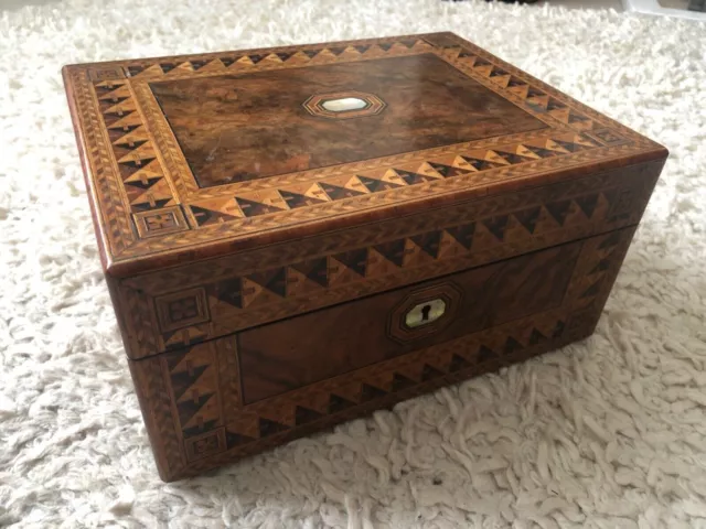 Antique Burr Walnut Marquetry Mother of Pearl Inlay Box ( Writing Sewing ) 1860