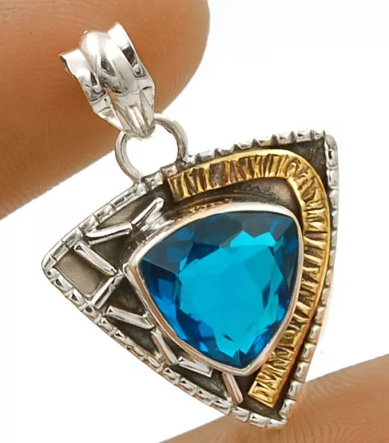 Two Tone 3CT Natural Flawless Blue Topaz 925 Sterling Silver Pendant NW11-7