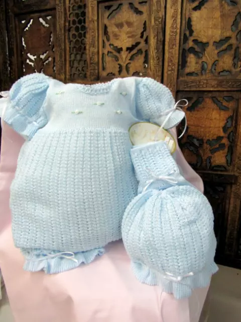 NWT Will'beth Blue Knit 3pc Ribbon Bubble Romper Newborn Sz 0 Baby Girls Hat