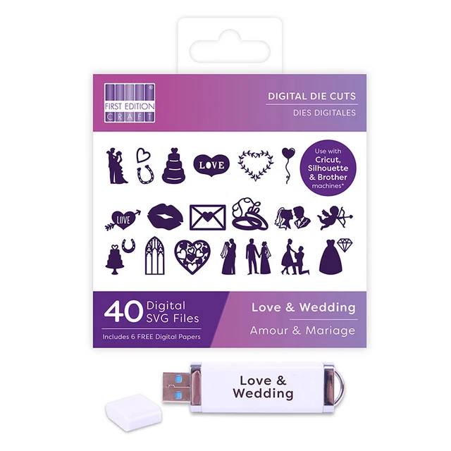 Primera edición: matriz digital USB: 40 archivos digitales SVG: amor y boda