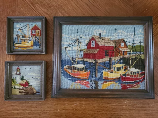 Set Of 3 Niddle Point Embroidery Wharf  Light House Boat Framed Cross Stitch
