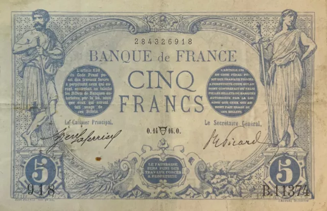 Rarissime Billet De 5 Francs Bleu Du 13/04/1916 ! Rare