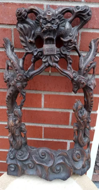 Antique Chinese Dragon Hard Wood Carving Gong Stand Fantastic Detail!