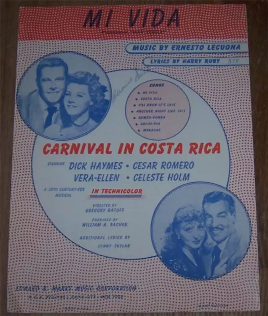 Mi Vida Carnival Costa Rica Dick Haymes Vera-Ellen 1945 Movie Sheet Music