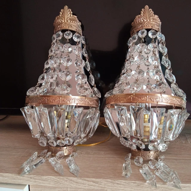 Vintage Antique Pair of French Empire Brass Crystal 1 Light Sconces Wall Lights