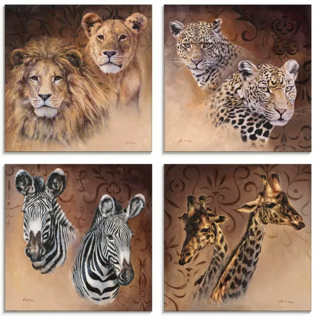 Artland Glasbild 4er Set Wandbild Glas 4 Teilig Afrika Safari Tiere Löwe F2AS