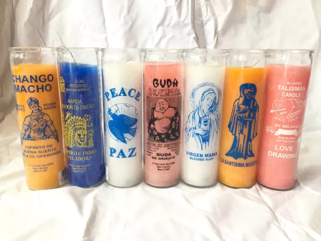 MEXICAN PRAYER CANDLES 7 Days GLASS RITUAL SANTA MUERTE VIRGIN DE GUADALUPE