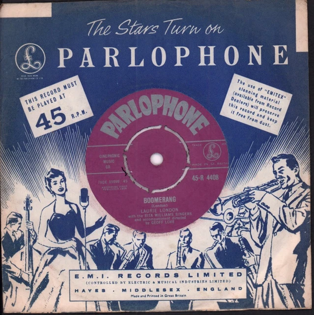 LAURIE LONDON Boomerang 7 INCH VINYL UK Parlophone 1958 4 Prong Label Design In