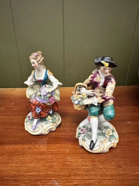 Pair of Sitzendorf c. 1902-1954 Couple - Flowers Porcelain Figurines