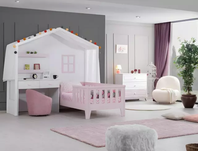 Komplette Kinderzimmer Garnitur Designer Kinderbett mit SchreibtischWeiß Kommode