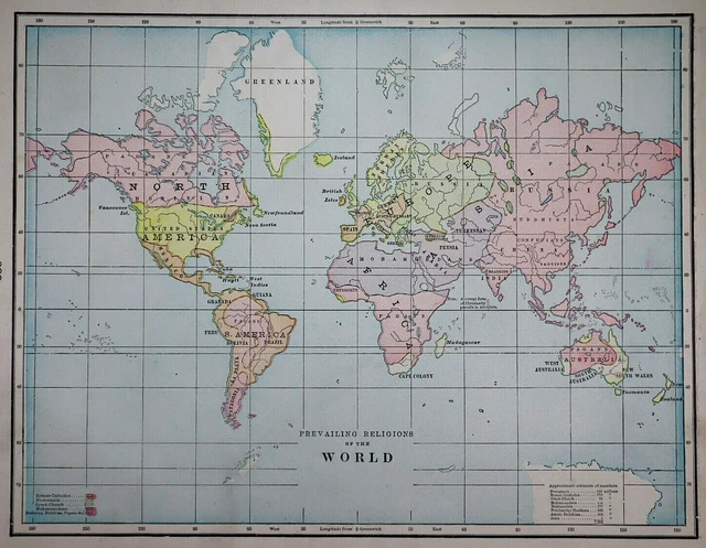 Old (11x14) 1899 Cram's Map ~ PREVAILING RELIGIONS of the WORLD    ~Inv#535