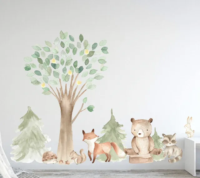Woodland Watercolor Wall Decal Oak Pine Tree Animal Creatures Art Decor
