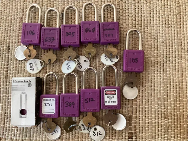 Lot of 11 Master Lock Purple Safety Lockouts w/ Keys - Working!