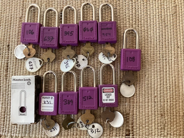 Lot of 11 Master Lock Purple Safety Lockouts w/ Keys - Working!