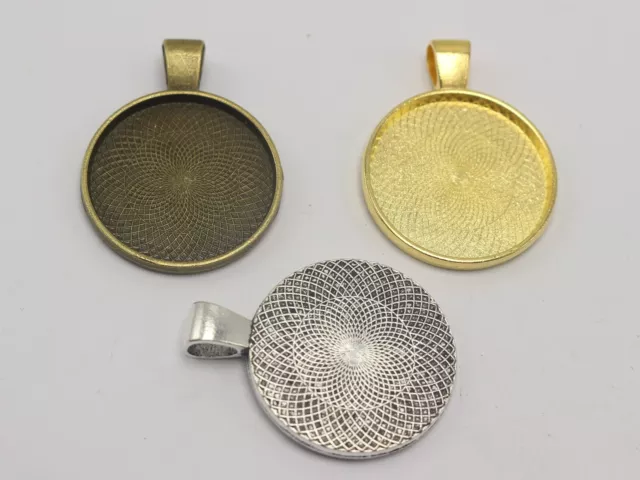 10 Bronze Silver Gold Tone Alloy Round Pendant Cabochon Setting Blank Inner:25mm