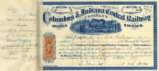 Columbus and Indiana Central Railway - Railroad Stock Certificate - Gorgeous - R