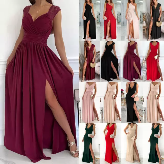 Damen Schlitz Abendkleid Trägerkleid Brautjungfer Partykleid Ball Cocktailkleid