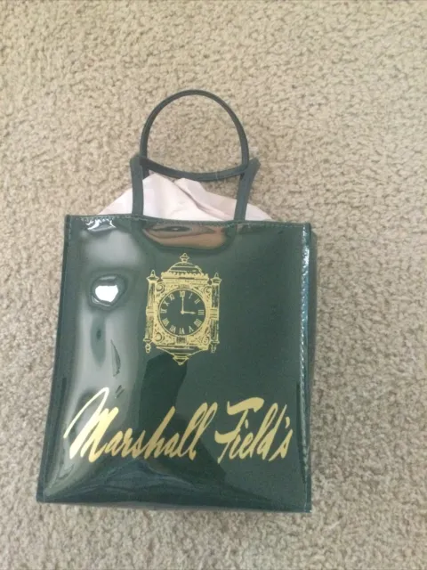 New MARSHALL FIELD'S CHICAGO Green Shopping Bag Tote Clock Logo Glossy Vinyl HTF