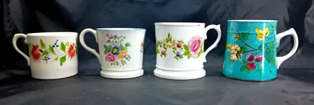 4 Small Antique Victorian Hand Painted Porcelain China Mugs Cups