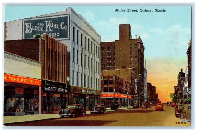c1940 Main Street Exterior Store Building Classic Cars Quincy Illinois Postcard