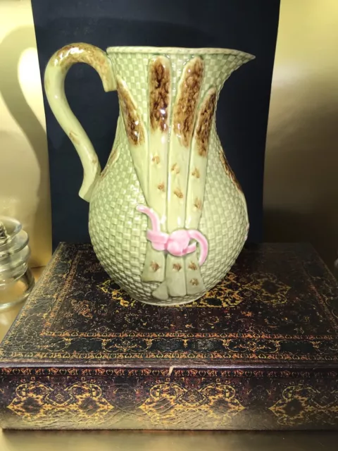 Vintage Majolica Basket Weave Asparagus Pitcher Made In Portugal 9”