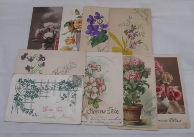 Lot De 9 Cpa Fantaisie Themes Fleurs, Carte De Voeux, Bonnes Fêtes Etc...