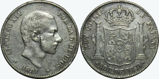 1881 Spain/Philippines 50 Centimos ~ VF/XF ~ KM#150 ~ Silver ~ MX447