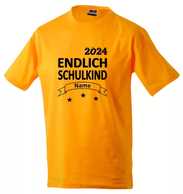 Kinder T-Shirt bedruckt "Endlich Schulkind 2024 " mit Namen, zur Einschulung