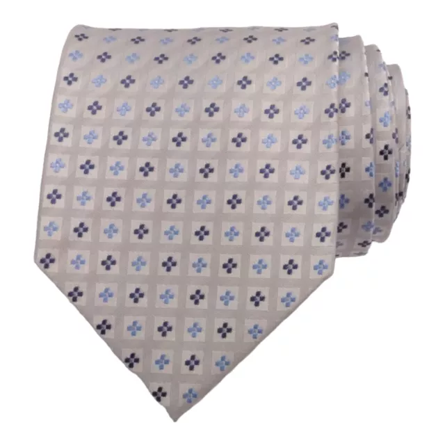 Mens Classic Designer Tie 100 Silk Woven Silver Gray Blue Geometric Suit Necktie