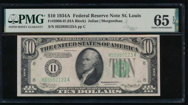 AC 1934A $10 Saint Louis FRN PMG 65 EPQ H-A block Fr 2006-H