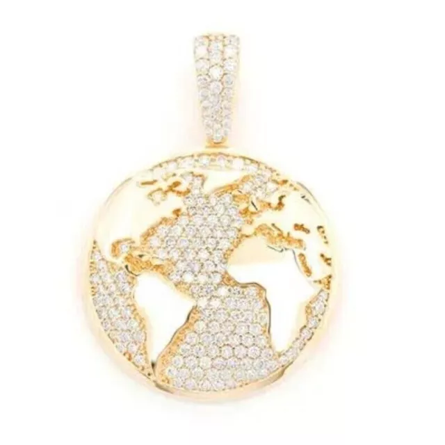 3D World Map Globe Design with White Round Cut Cubic Zirconia Hip-Hop Pendant 2