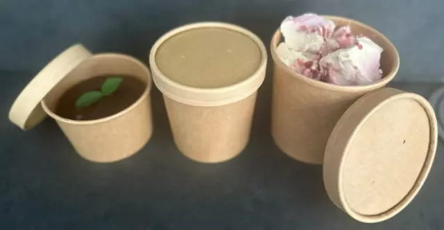 Kraft Brown Soup Cups With Lids Takeaway Ice Cream Containers Disposable Pots 2