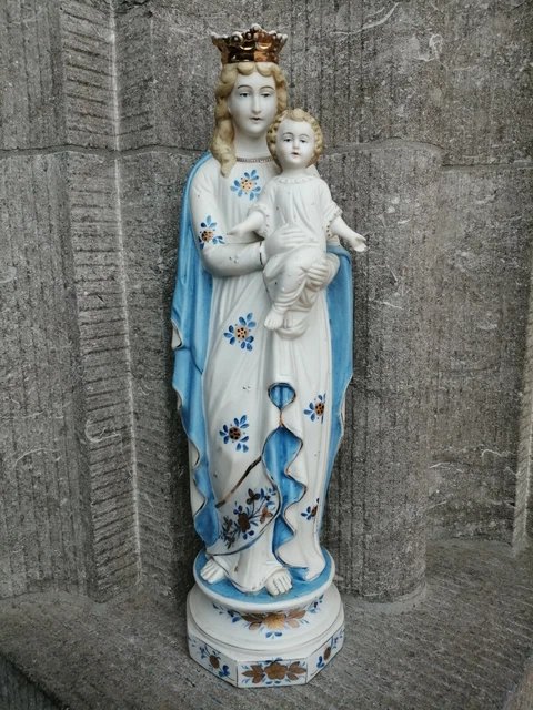 ANTIQUE FRANCE PORCELAIN Bisque Madonna Virgin Mary Child Jesus Statue ...
