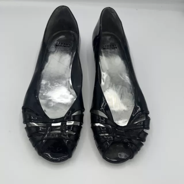 Stuart Weitzman Shoes 9 Black Patent Leather Wedge Peep Toe Ballet Flat