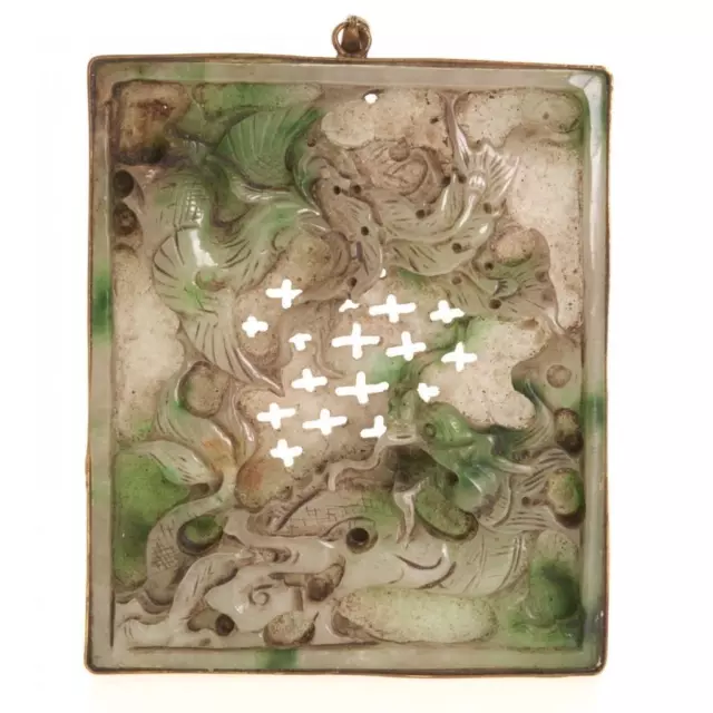 Chinese Carved Green White Jade Plaque with Dragon Phoenix 19th or 20th C