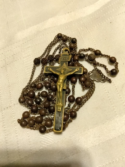 Antique Rosary Brass Crucifix 19th C Priest Owned 3