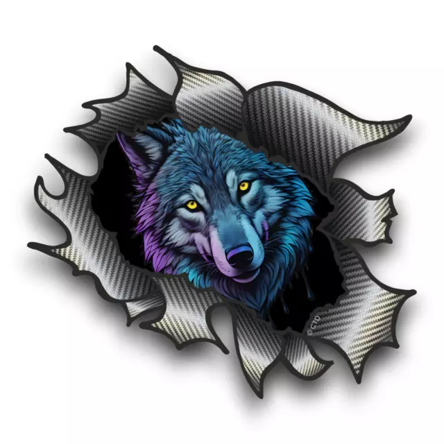 Bonito Wolf Cara Goteo Efecto Rasgado Vinilo Fibra de Carbono Pegatina 115x90mm