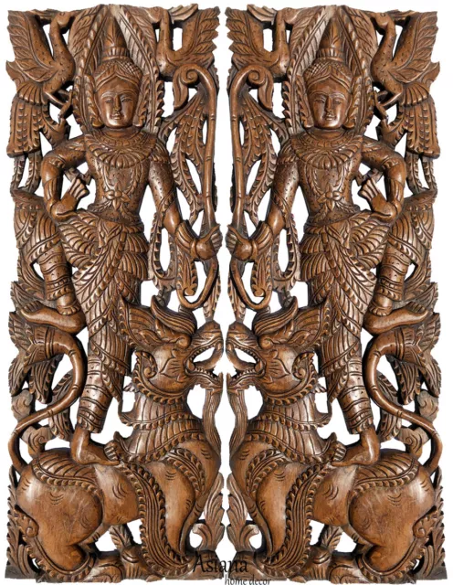 Thai Figure with Lion Asian Carved Wood Wall Art Panels. Set of 2 Brown