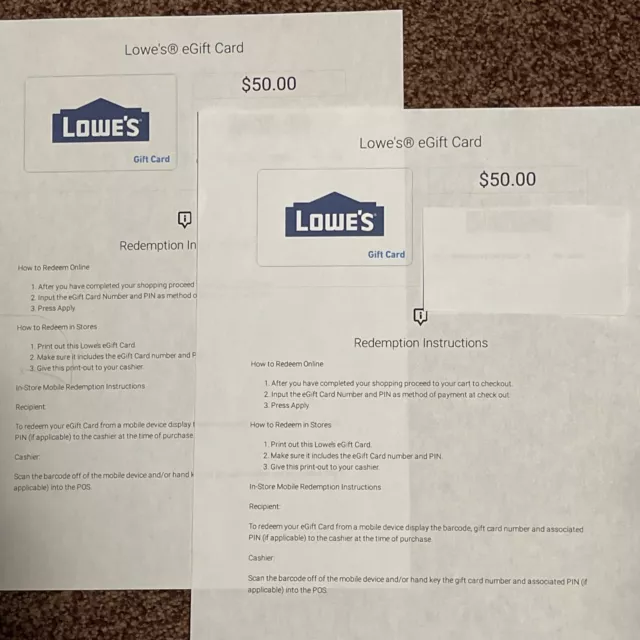 Lowes E-Gift Cards Total Value $100