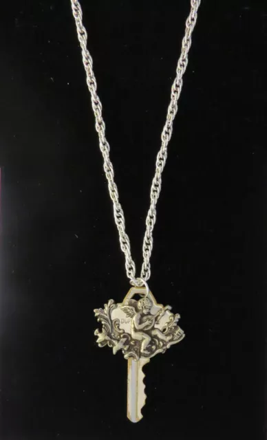 Steampunk Altered Key Necklace Cupid Playing Mandolin Valentine Cherub Angel OMS