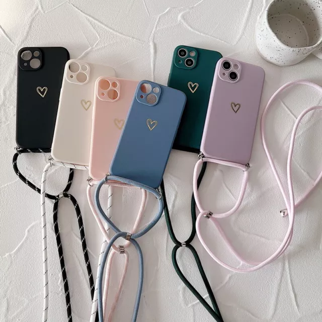 Handyhülle für iPhone 14 13 12 11 Pro Max XR XS 8 Mit Band Handykette Herz Cover