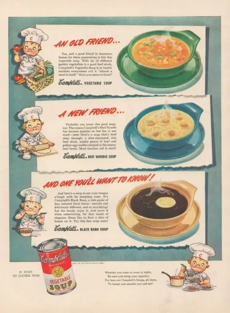 1946 CAMPBELL'S SOUP Vegetable Beef Noodle Black Bean Kids Vintage ...