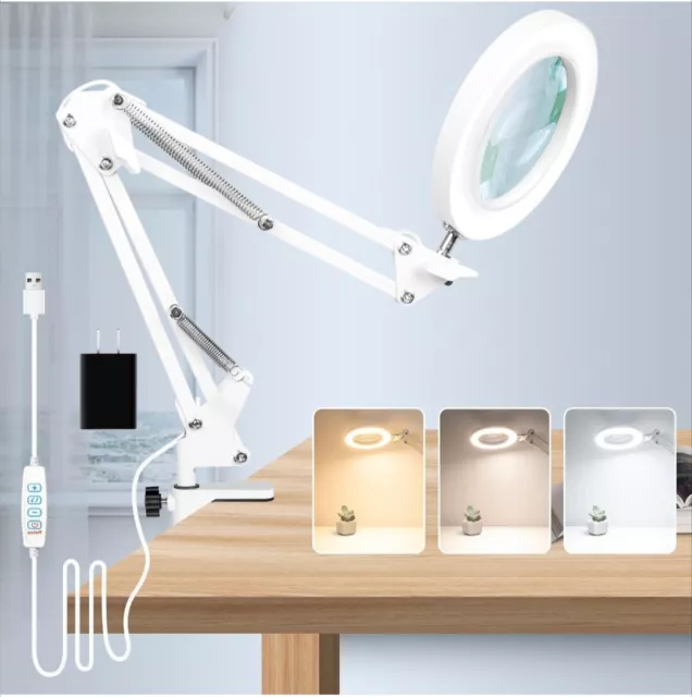 5X Magnifying Glass Desk Light Magnifier LED Lamp Reading Lamp With Base& Clamp