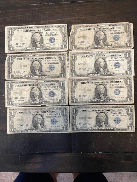 LOT of 8 - 1935 Silver Certificate BLUE SEAL $1 - G,F, H,E Series US OLD MONEY