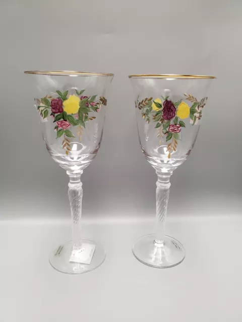 Royal Albert Old Country Roses (2) Hand Painted Stemmed Crystal Wine Glasses NWT