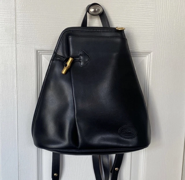 Longchamp Roseau Navy Blue Leather Shoulder Backpack Gold Bamboo Toggle Vintage