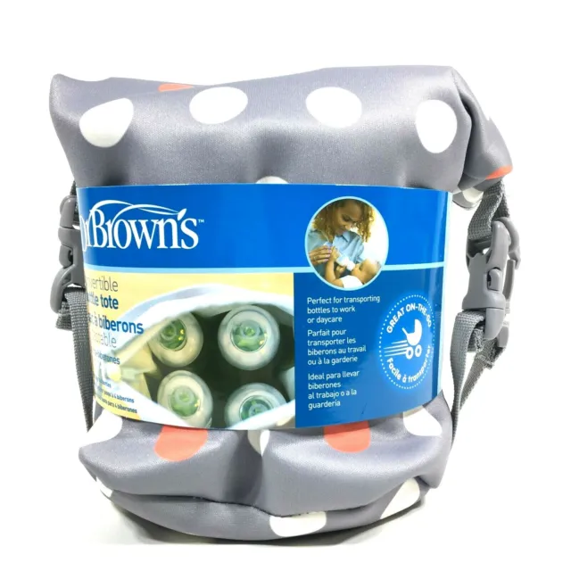 Dr. Browns Convertible Bottle Tote With Ice Pack Holds 4 Bottles Gray Polka Dots